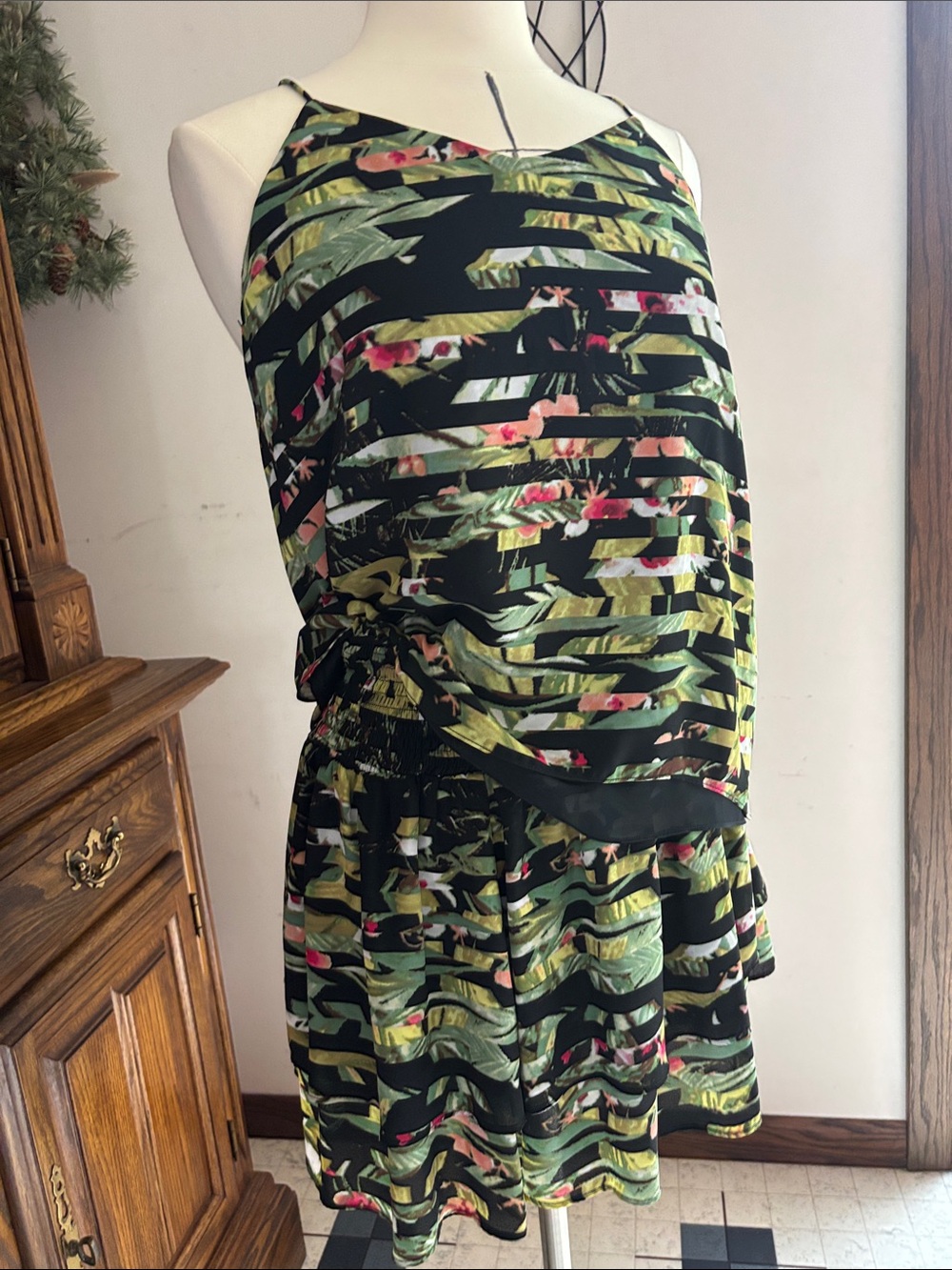a.n.a Black Tropical Stripe Skirt Set with Green and Pink Accents